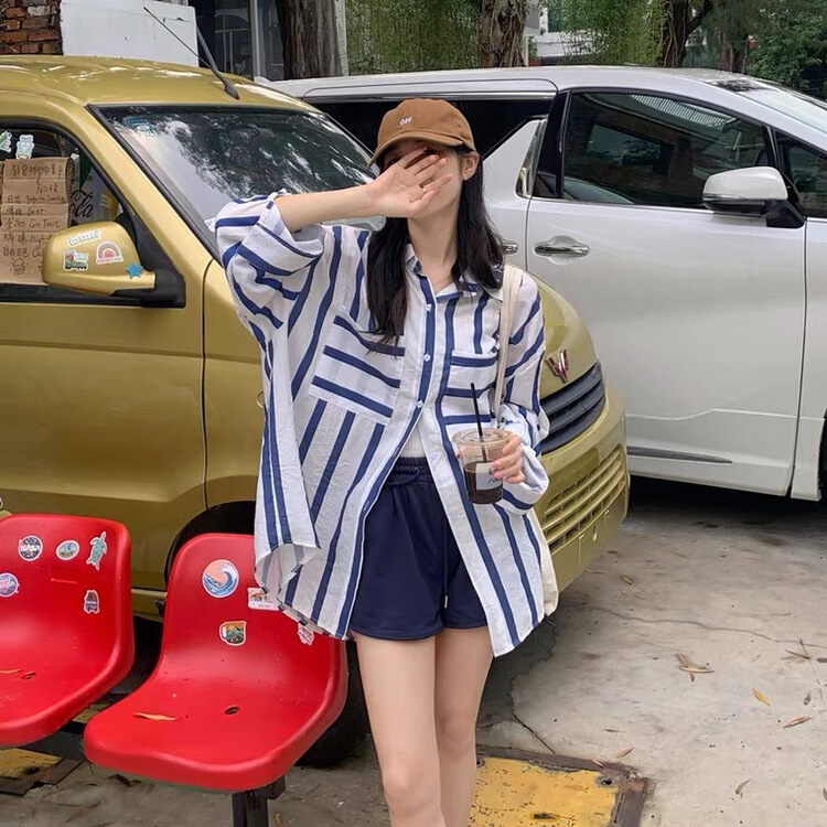 [w +] striped loose fashion sunscreen shirt 3190# WTT