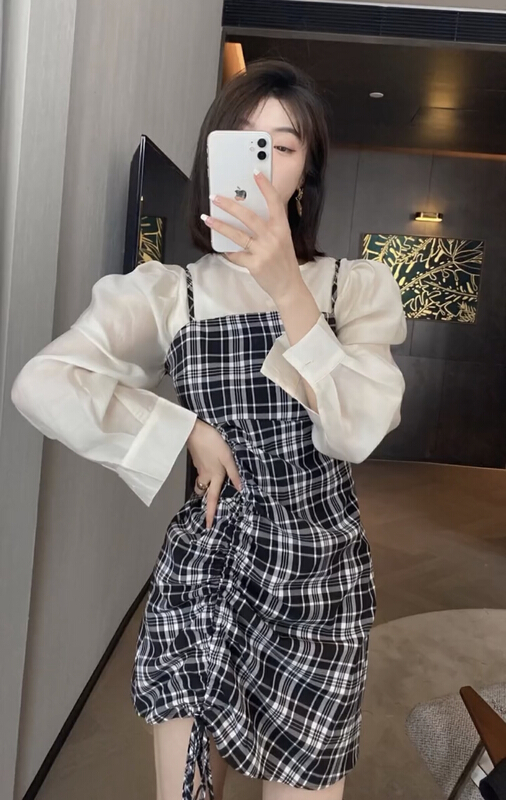 [JH] net red crew neck solid shirt + Plaid drawstring suspender dress set 41053# PCZ
