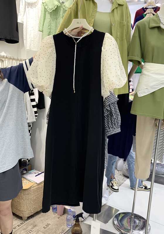 [misu +] fashion stitching medium length dress (excluding necklace) 80556# ZZL