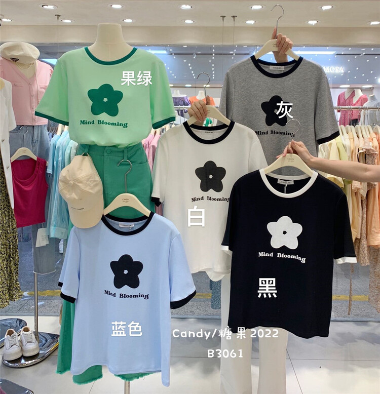 [candy] Korean floral print versatile short sleeve T-shirt b3061# ZSY
