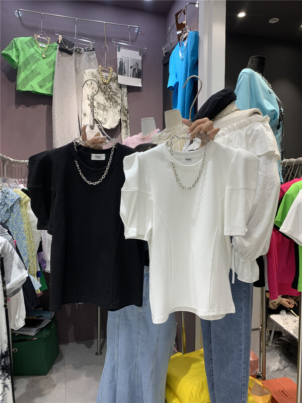 goods in stock! [SME +] design sense bubble sleeve cover head short sleeve T-shirt (with chain) ys1-8005# cqw