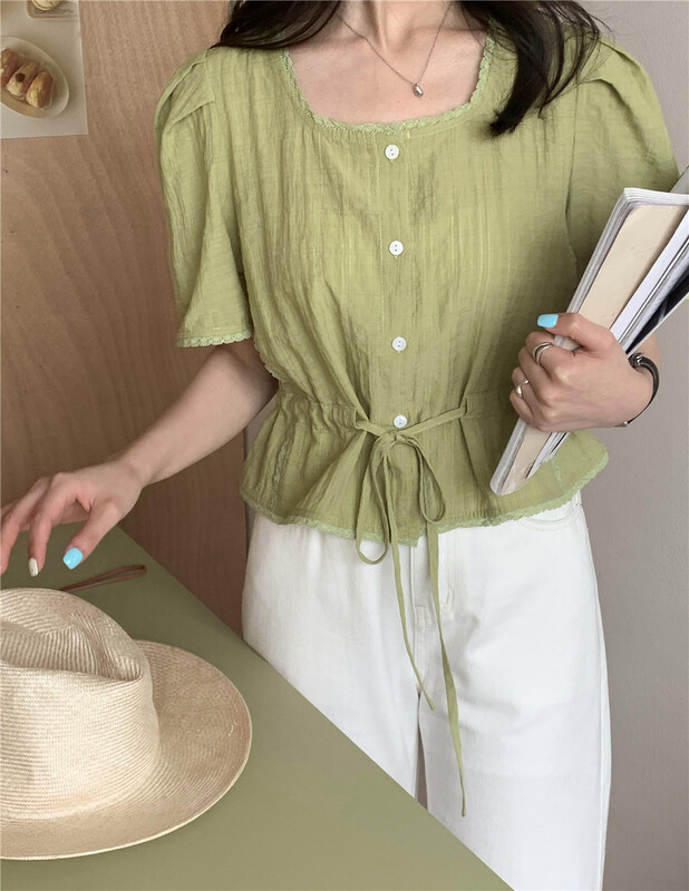 [new post] Korean style square neck bubble sleeve button up short shirt np7822-a1# cqw