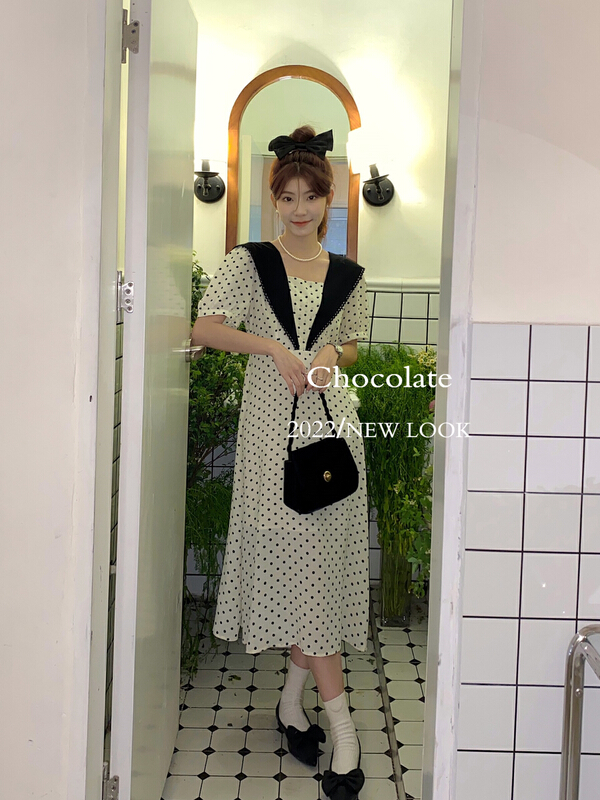 [chocolate] Korean version square collar wavelet dot temperament dress 20052# ll
