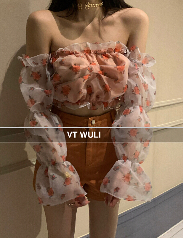 [VT] Korean sweet floral one line collar Top + high waist casual Shorts Set 8756# ozq
