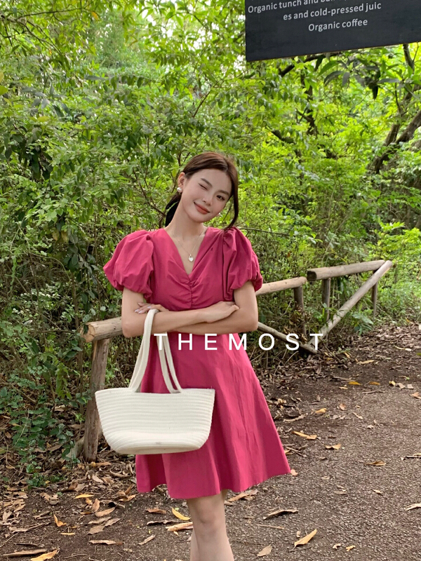 [the most] V-neck lace up bubble sleeve dress 9607# HBx