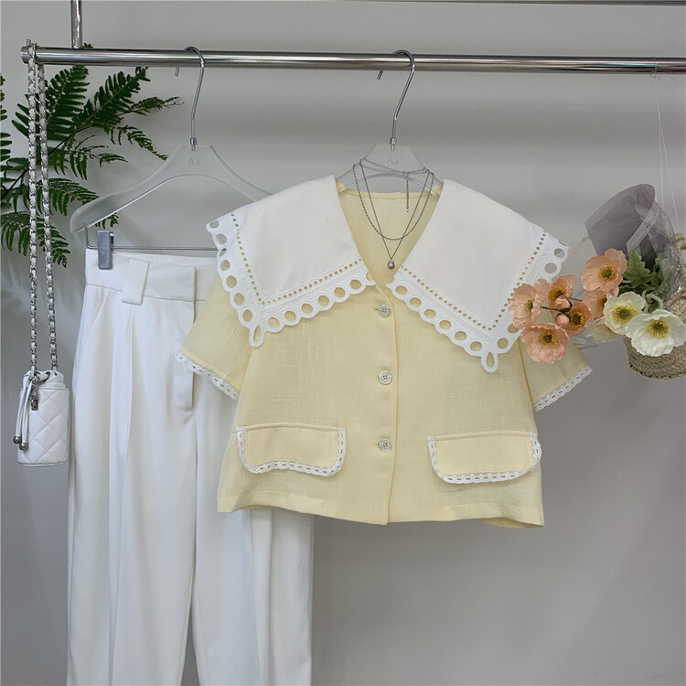 New in early summer! [AA studio] French baby collar single breasted short blouse (only selling blouses) 3262# WPL