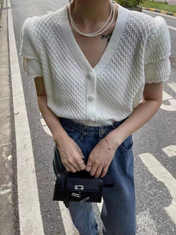 New in early summer! [blue show] Korean V-neck Ruffle sleeve single breasted knitted cardigan 6016# LSW