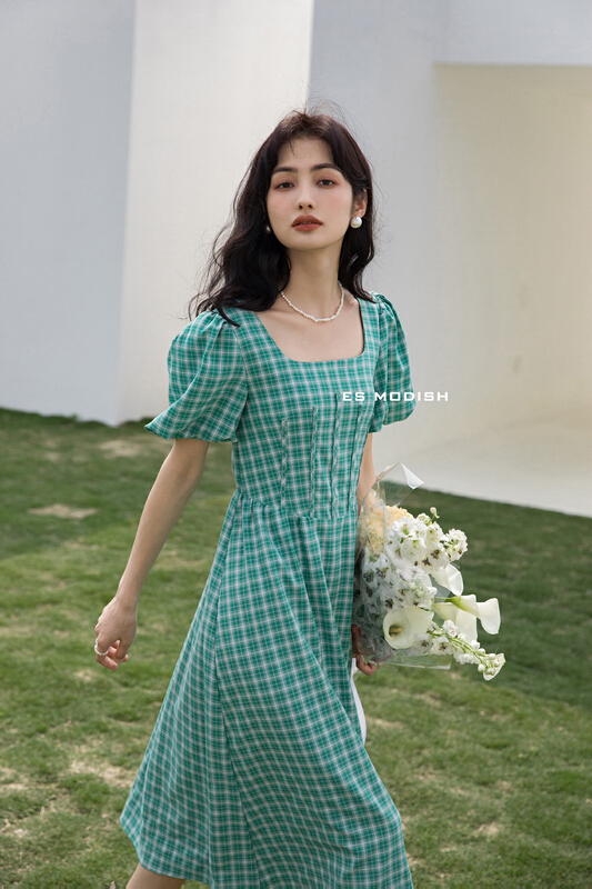 [es modish] short sleeve square neck Plaid elegant dress ops1614# XYJ