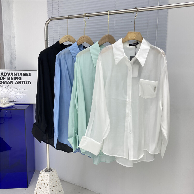goods in stock! [semi plain] Korean design sense single pocket Tencel shirt u505# ZSY