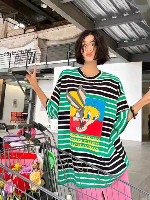 [Shanzhu] stripe cartoon three-dimensional printing short sleeve T-shirt 270# XYY