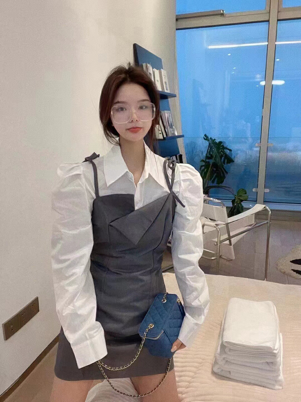 goods in stock! New year in early spring! [mi ni] Korean suspender dress ➕ Simple bubble sleeve shirt set 2214# PCZ