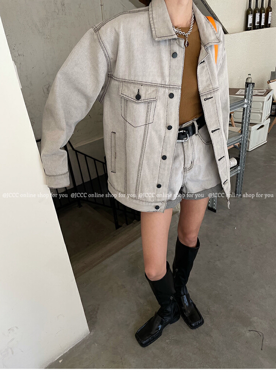 [c.h.z] American casual retro grey denim jacket + Denim Shorts Set 90692# WTT