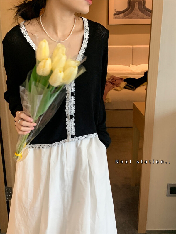 [next station] xiaoxiangfeng color blocking lace edge short knitted cardigan 22098# ZSY