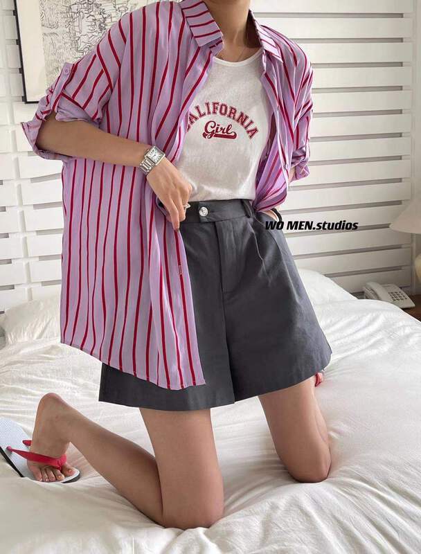[Wo / men] loose striped shirt + letter vest two piece suit 2691# zxl