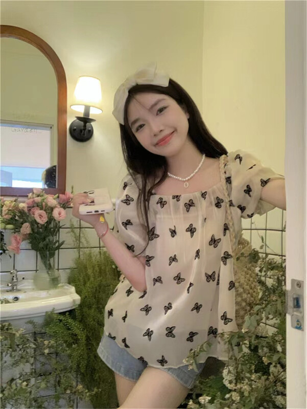 [timely rain] gentle lady sweet printed bubble sleeve blouse 00459# WPL