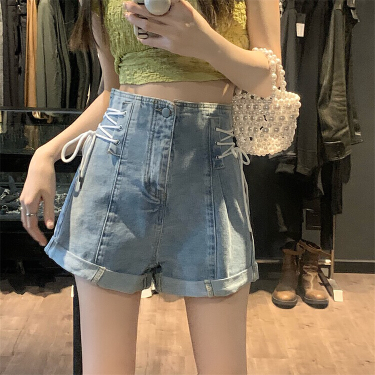 [x · h studio] design feeling wide leg binding rope high waist thin denim shorts 06121# ozq