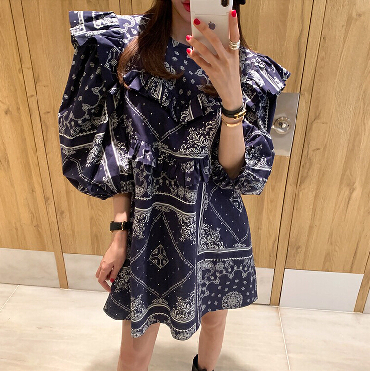 [X.C] Korean national geometric pattern bubble sleeve dress 211# WPL
