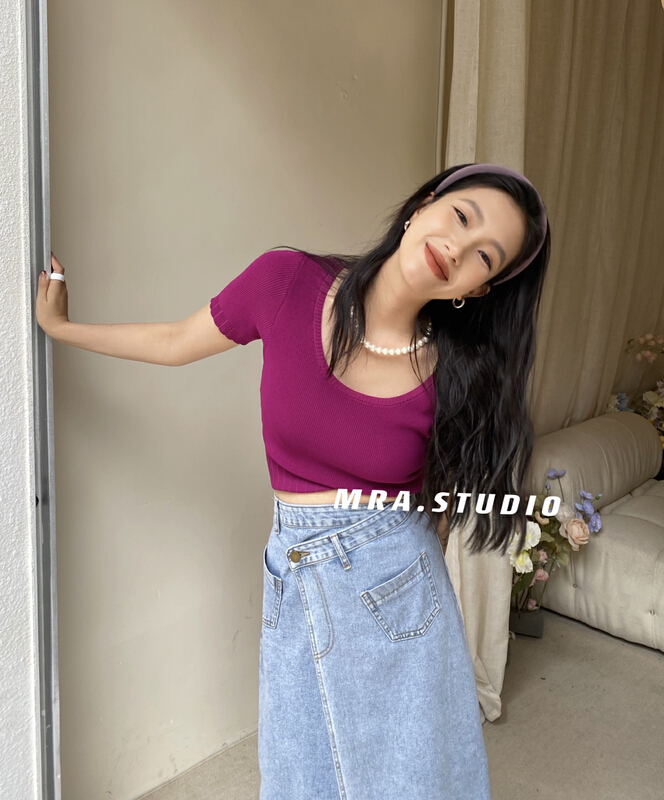 [MRA] temperament U-neck solid color T-shirt kd3533# zxl