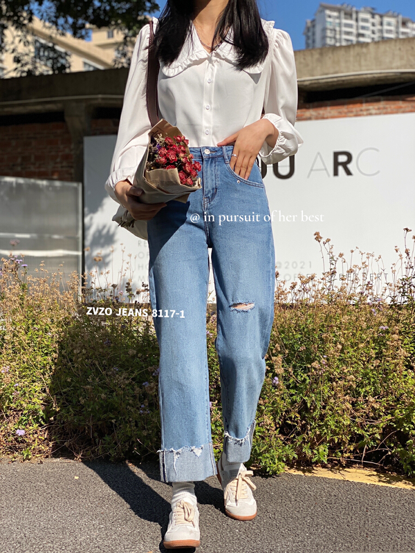 Original price 107.16! New year in early spring! [zvzo] flanging versatile Korean straight jeans 8117-1# CLS