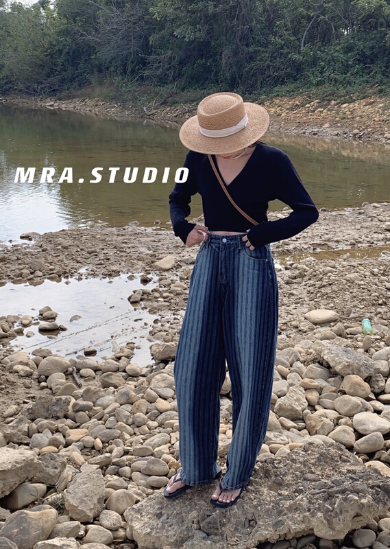 New year in early spring! [MRA] gradient stripe design high waist thin wide leg jeans m1802# zxl