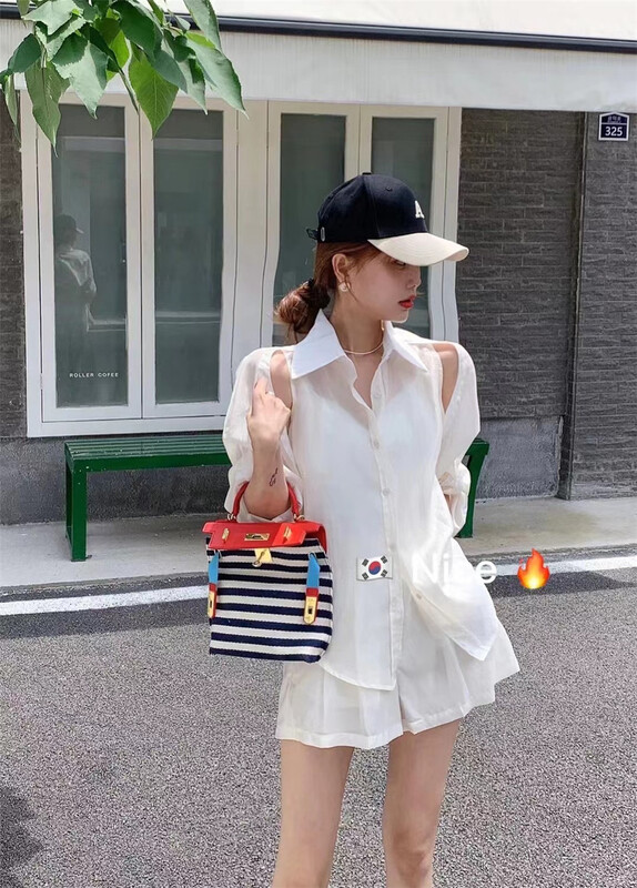 [nice Nasir] designed hollow out sunscreen shirt + simple solid color elastic shorts set 8939# XJ