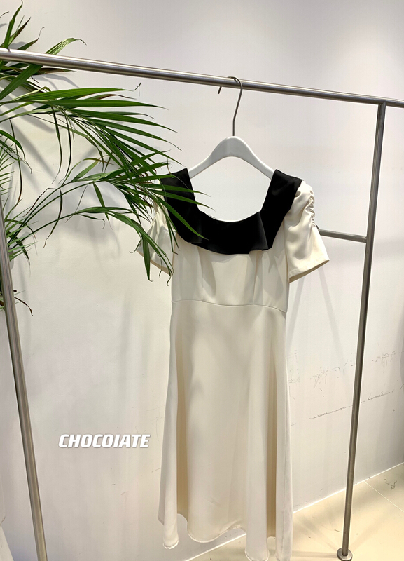 [chocolate] Korean ruffled square neck loose dress 28026-1# L