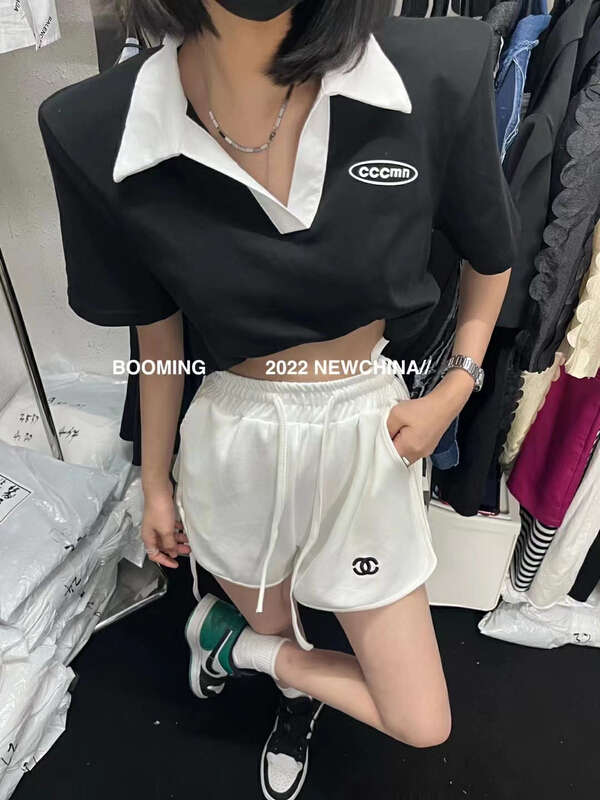 [booming] contrast Polo neck shoulder pad short sleeve T-shirt 2345# zxl