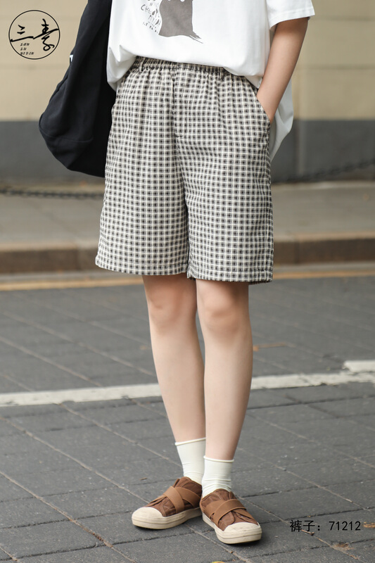 [original of three plain clothes] simple temperament lattice casual shorts 71212# XYJ