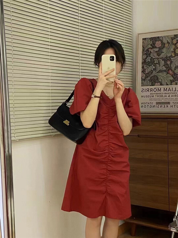 [m.zi studio] fashion V-neck wrinkled dress 6958# HBx