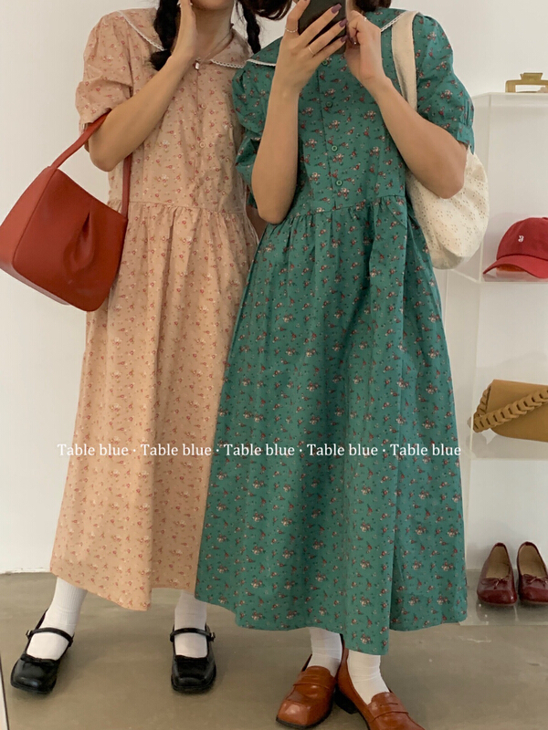 goods in stock! New year in early spring! [table blue] Mori Vintage Lapel floral dress 2064# LSW