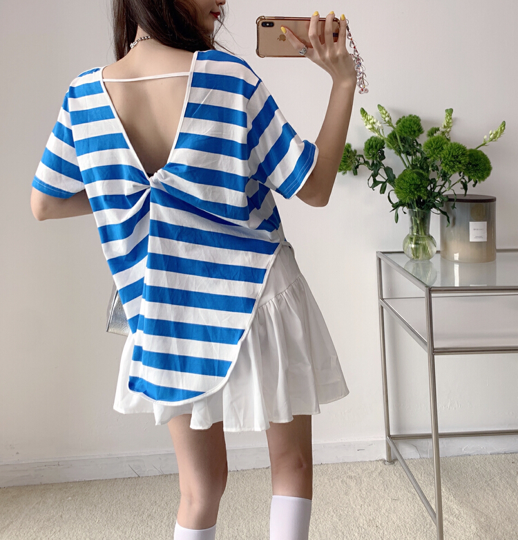 [Vanessa] design cross back open back stripe short sleeve T-shirt 6221# ozq
