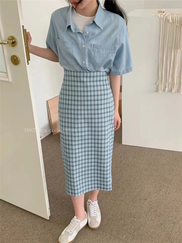 New in early summer! [dvz] fresh temperament checkered medium length skirt 9938# zxx