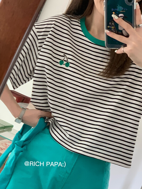 New in early summer! [rich Papa] classic contrast stripe loose short sleeve T-shirt t266# zxx