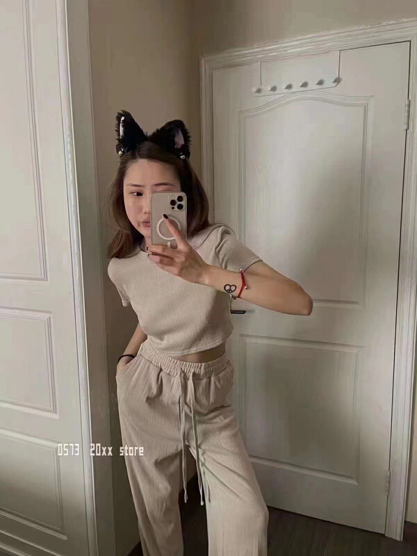 New in early summer! [top] Korean round neck short sleeve T-shirt + drawstring tie casual pants set b17# ZSY
