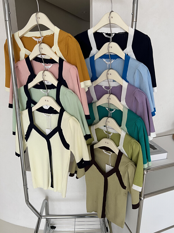 goods in stock! [R n] Korean version square neck color contrast foreign style versatile sweater 80356# ll