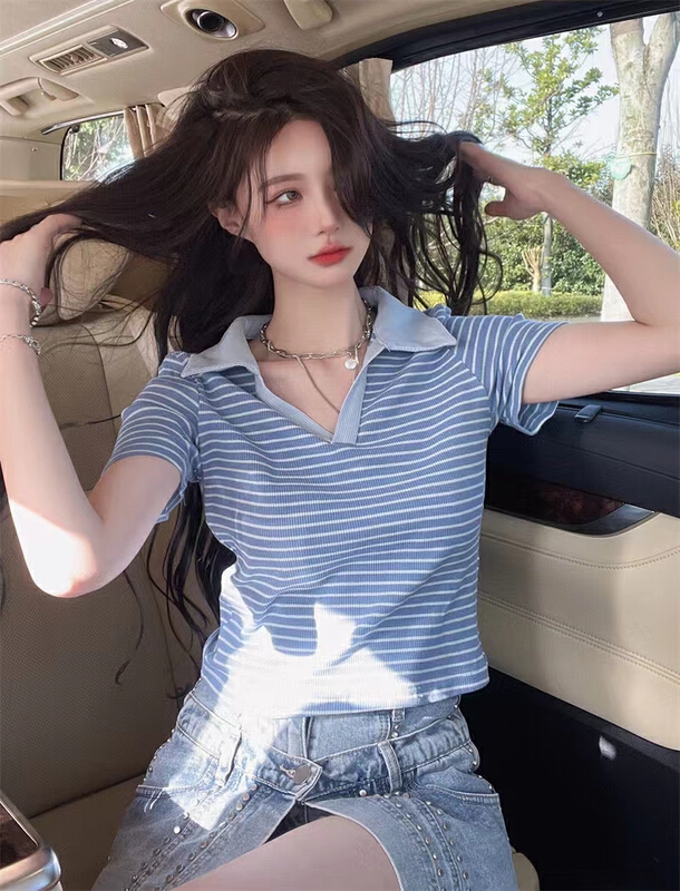 [kakajia] fashion stripe versatile polo shirt 2119# ozq