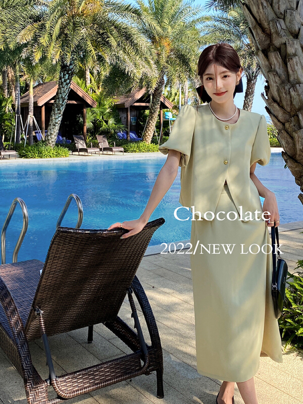 New in early summer! [chocolate] Korean style simple blouse + high waist versatile mid length skirt set 20029# ll