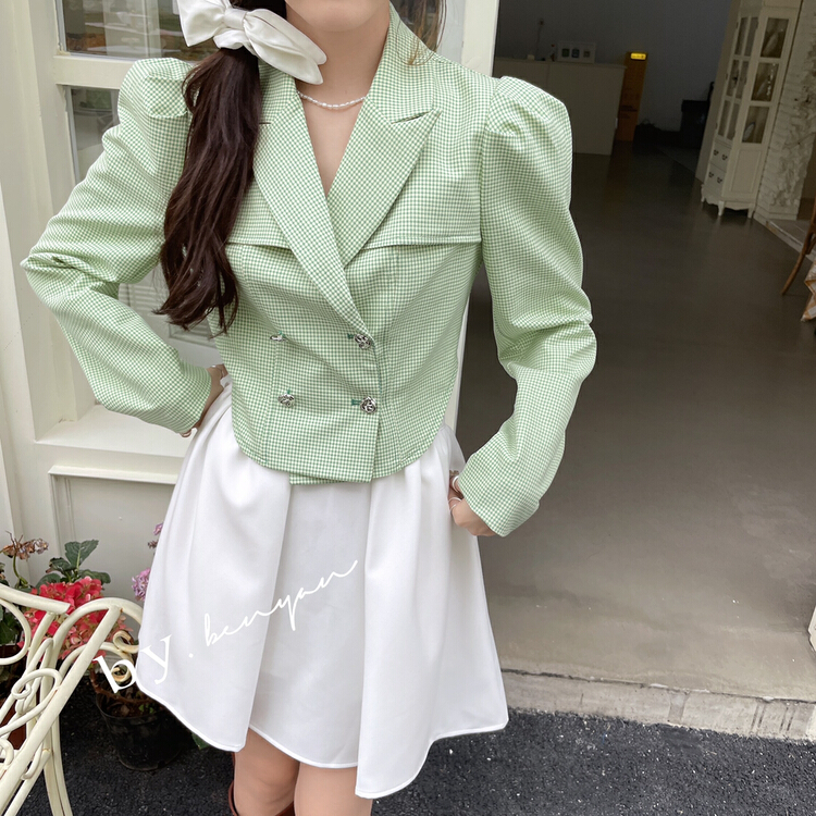New year in early spring! [benyan] temperament double breasted Bubble Sleeve Plaid short coat 9810# zxx
