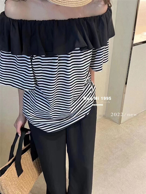 New in early summer! [Duomi] off shoulder stripe versatile short sleeve T-shirt 836# zxl