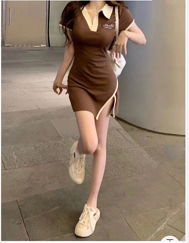 [Baobao] pure style color contrast split short sleeve dress 5800\ozq