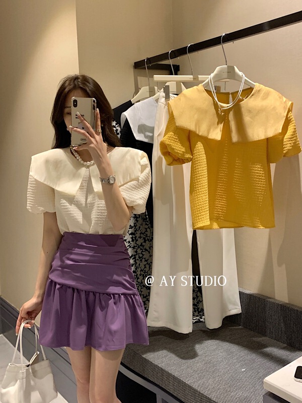New in early summer! [ay studio] doll collar waffle Lantern Sleeve short sleeve shirt 66786# zxx