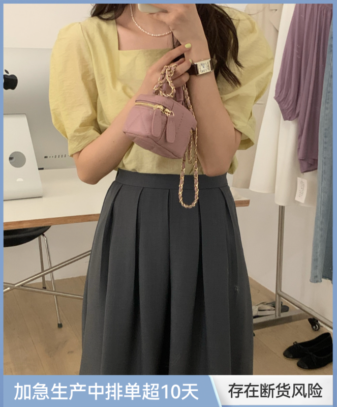 【WANNA】韓版純色方領泡泡袖天絲小衫  89061#  CQW