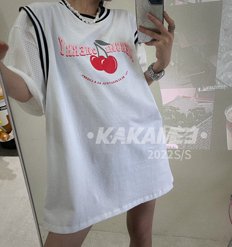 [kakamee] round neck loose fake two short sleeve T-shirt 3925# LSL