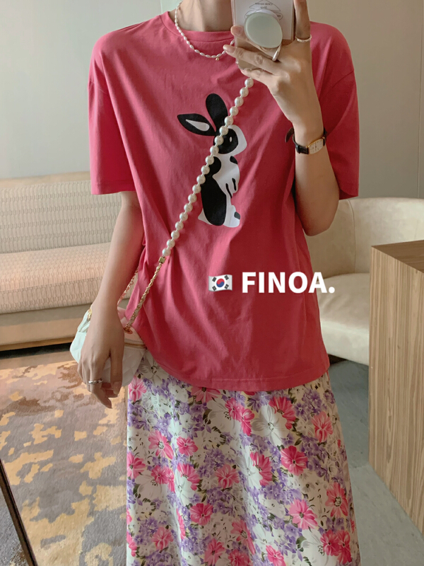 New in early summer! [finoa] Korean casual Abstract cartoon animal print simple short sleeve T-shirt 10428# CLS