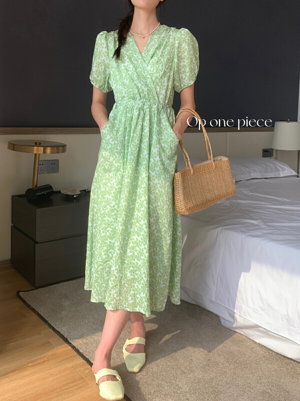[OP one piece] Korean lady floral V-neck dress 3130# hjy