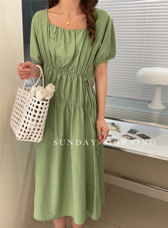 [Sunday morning] French style square neck temperament bubble sleeve dress 9095# zjy