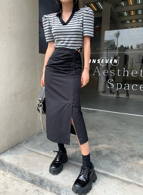 Original price 66.55! New in early summer! [inseven] Korean minority high waist thin pleated slit medium length skirt 25173# ozq