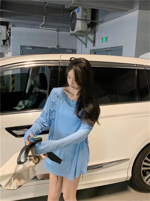 [top] lazy style side buckle design loose long sleeve T-shirt 2017# zjy