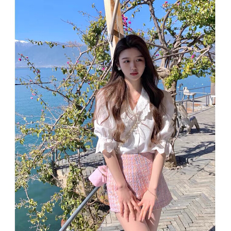 [come and see] light familiar style women's clothing Hong Kong flavor sweet casual shorts + commuter versatile solid color shirt set 698# JJ