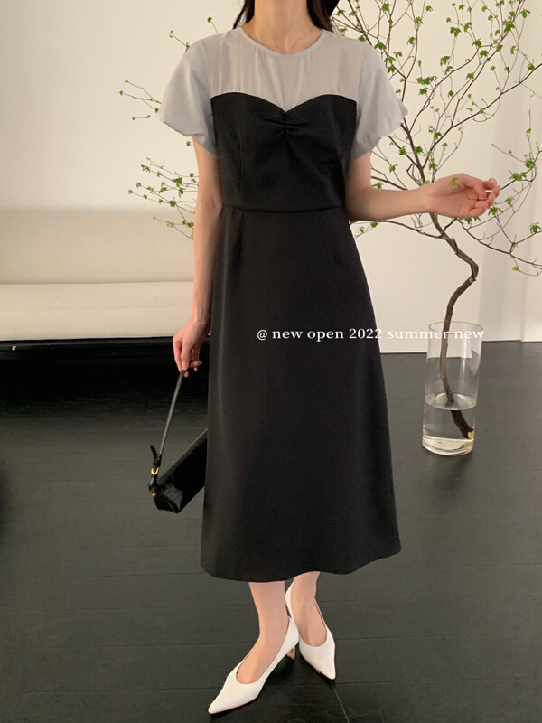 [new open] fashion color blocking medium length dress hl22778\zxl